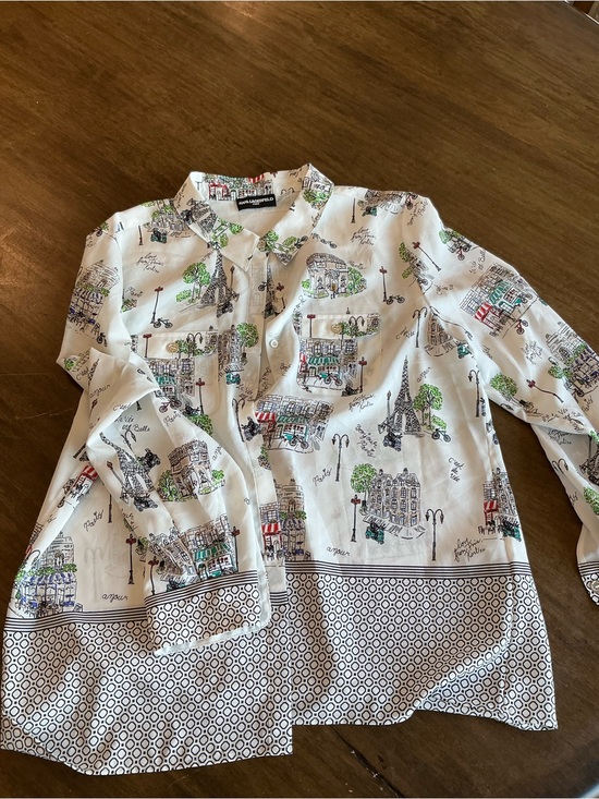 Karl Lagerfeld Tops - Karl Lagerfeld White Button-Down Shirt with Multicolor Paris Sketch Print
